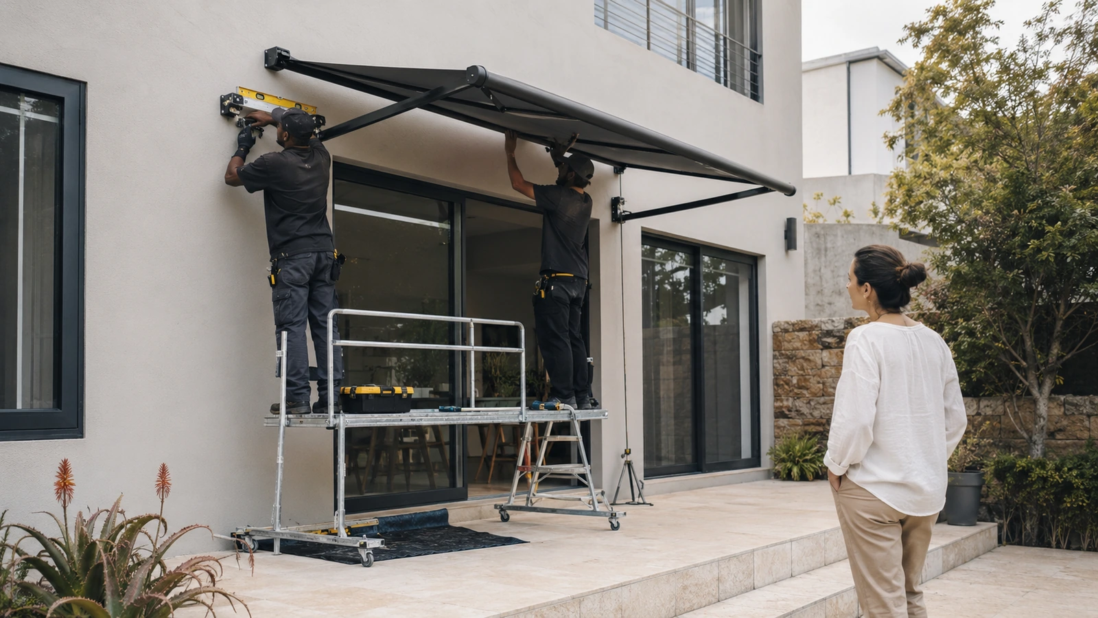 Installation team fitting an aluminium awning frame to a house wall from a scaffold